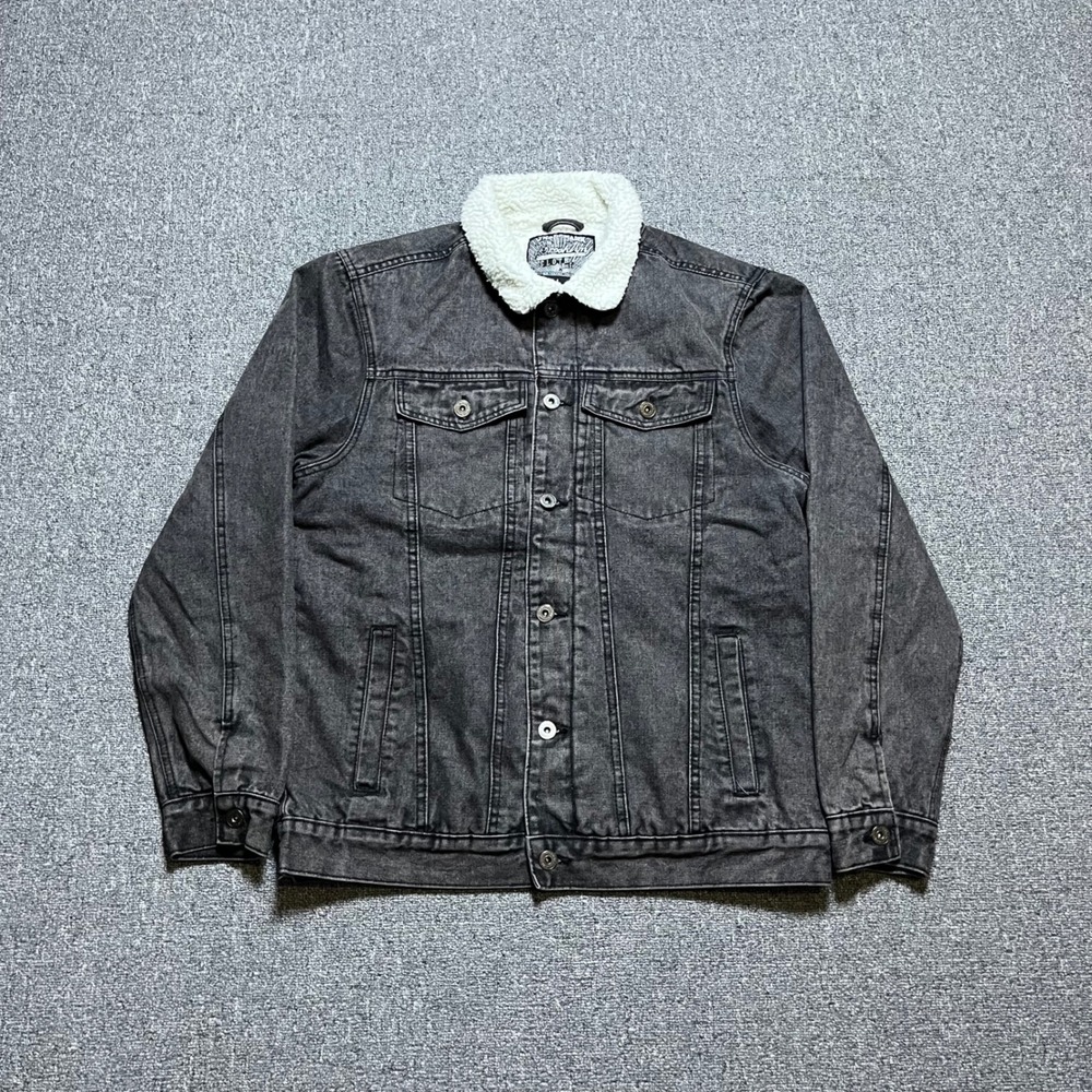 Brooklyn Cloth Denim‎ Trucker Jacket Large Black Sherpa Fleece Collar Coat Mens